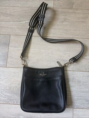 kate spade Black Pebbled Leather Crossbody with Striped Strap